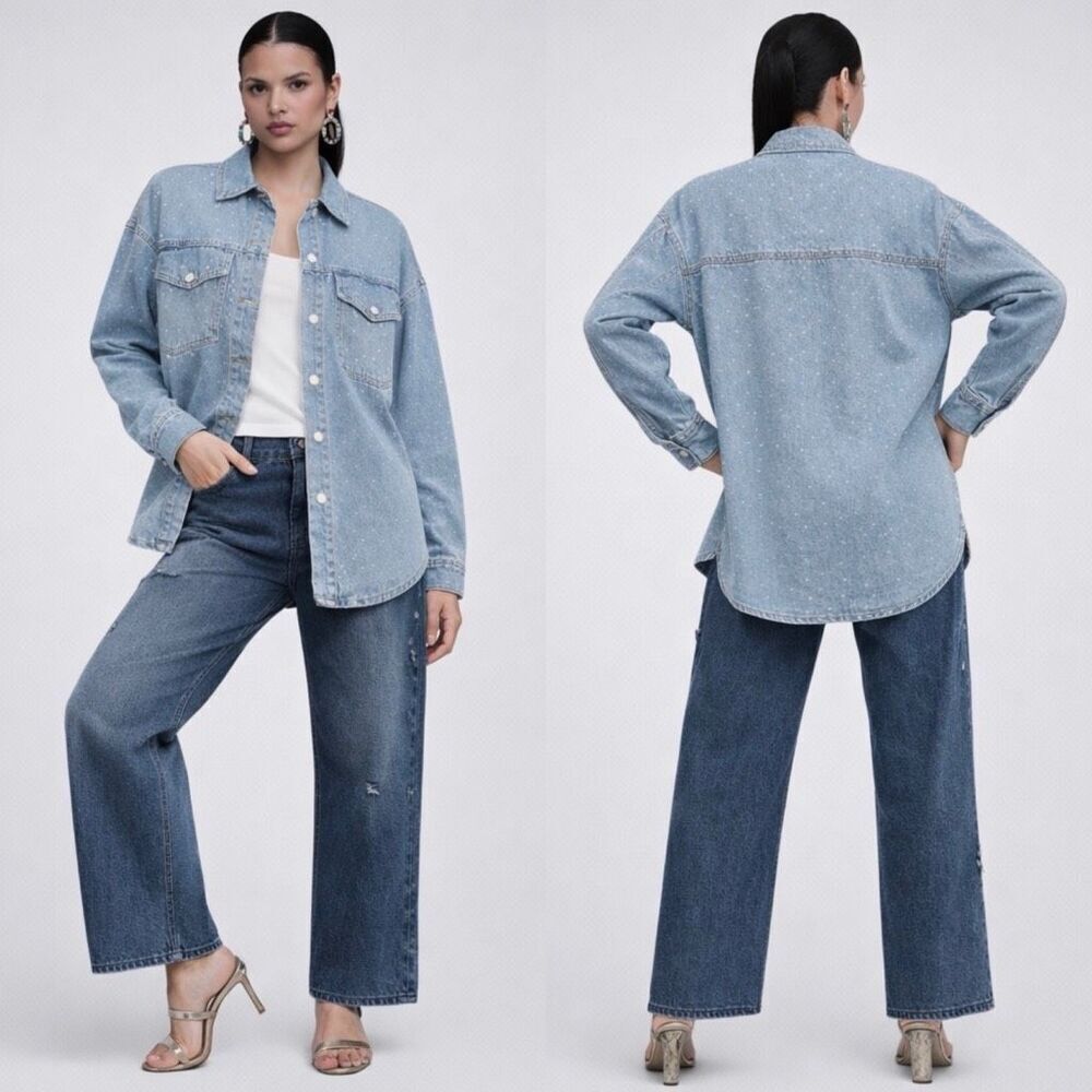 Avec Les Filles Rhinestone Denim Shacket Size L Embellished Button Front - Picture 12 of 12